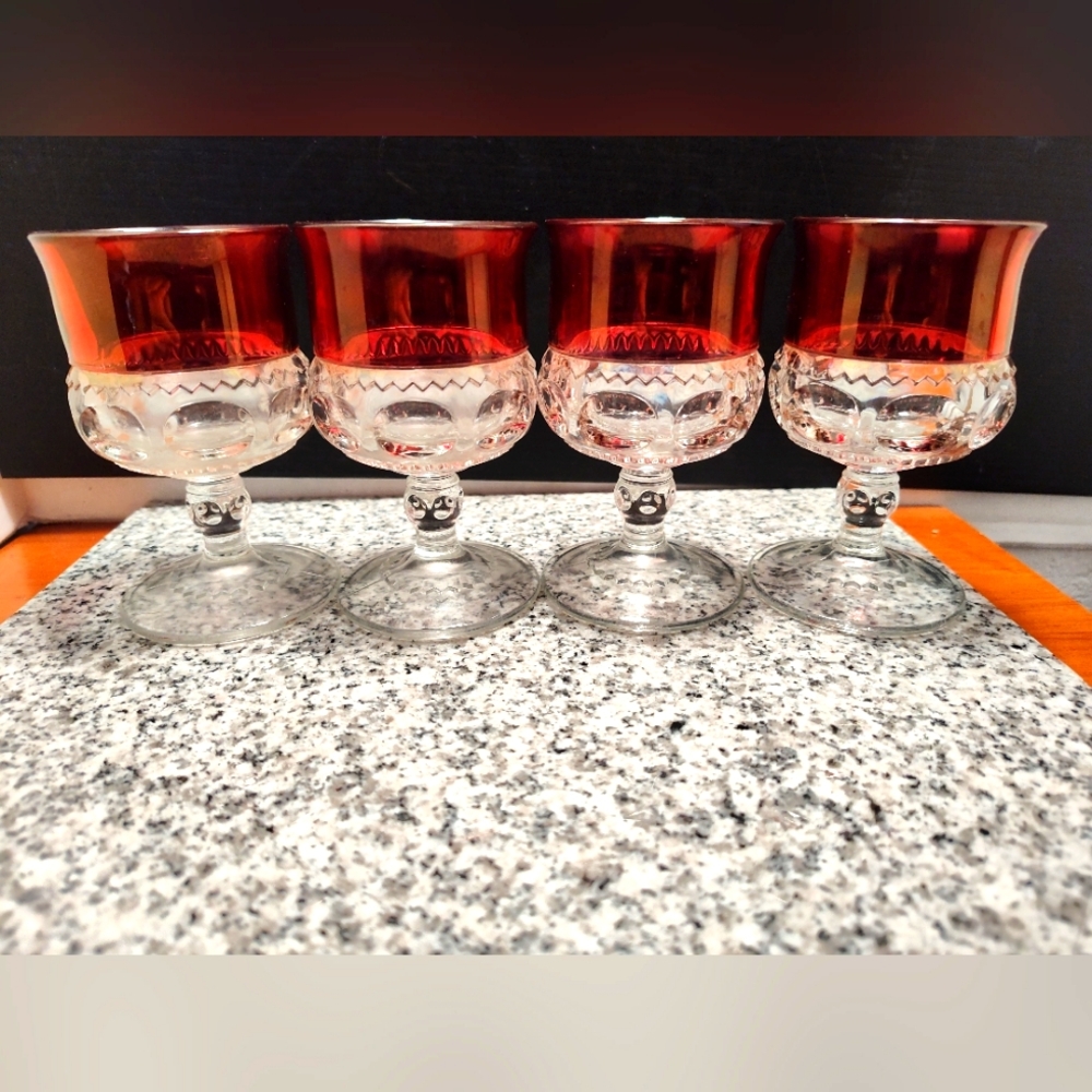 Kings Crown Thumbprint Ruby Red Wine/Juice Glasses. Set 4. Vintage Indiana Glass